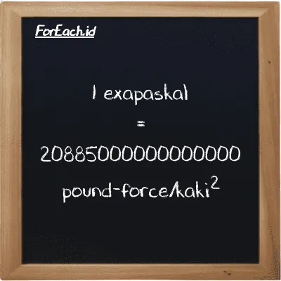 1 exapaskal setara dengan 20885000000000000 pound-force/kaki<sup>2</sup> (1 EPa setara dengan 20885000000000000 lbf/ft<sup>2</sup>)